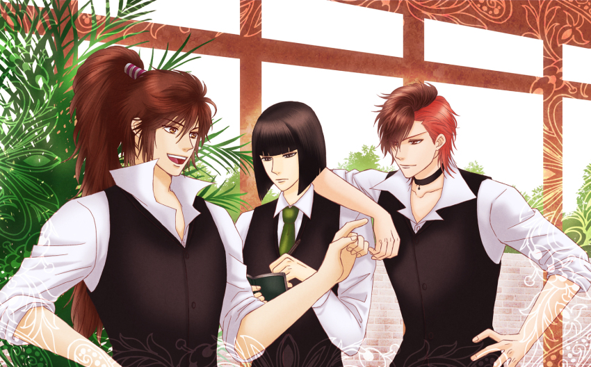 3boys :d arm_on_another&#039;s_shoulder black_choker black_hair blunt_bangs blunt_ends brown_hair choker collared_shirt contemporary eyes_visible_through_hair frown grey_eyes hair_between_eyes hair_over_one_eye highres long_hair maeda_keiji_(sengoku_basara) mairu0358 male_focus multicolored_hair multiple_boys open_mouth ponytail popped_collar red_eyes red_hair sengoku_basara shibata_katsuie_(sengoku_basara) shima_sakon_(sengoku_basara) shirt short_hair smile two-tone_hair vest waistcoat white_shirt