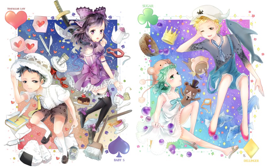 2boys 2girls aged_down animal_hat aqua_eyes aqua_hair baby_5 bad_id bad_pixiv_id basket bear black_hair black_socks blonde_hair blue_eyes blue_hair blueberry book bow broom cake character_name child clover clubs crown cup dellinger_(one_piece) diamond_(shape) diamonds dolphin donquixote_pirates dress fish food fork fruit full_body green_eyes green_hair hair_bow hat heart high_heels highres horns iji_(u_mayday) kneehighs loafers mop multiple_boys multiple_girls necktie one_eye_closed one_piece onigiri overalls plate purple_eyes purple_skirt sandals scalpel shoes short_dress short_hair shorts skirt socks spade_(shape) spades sugar_(one_piece) suspenders sword syringe teacup teapot thighhighs toy trafalgar_law weapon white_skirt zettai_ryouiki