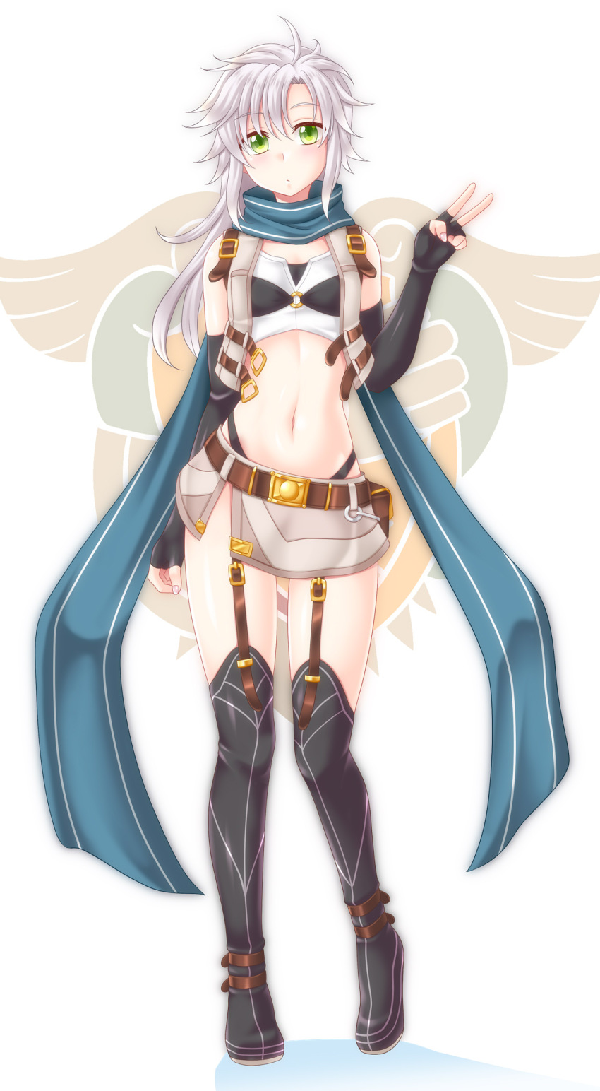 1girl asymmetrical_bangs black_boots blue_scarf blush boots eiyuu_densetsu fie_claussell garter_straps green_eyes hair_between_eyes highres long_hair looking_at_viewer navel parted_bangs scarf sen_no_kiseki sen_no_kiseki_(series) sen_no_kiseki_iii solo standing thigh_boots utomo v white_hair