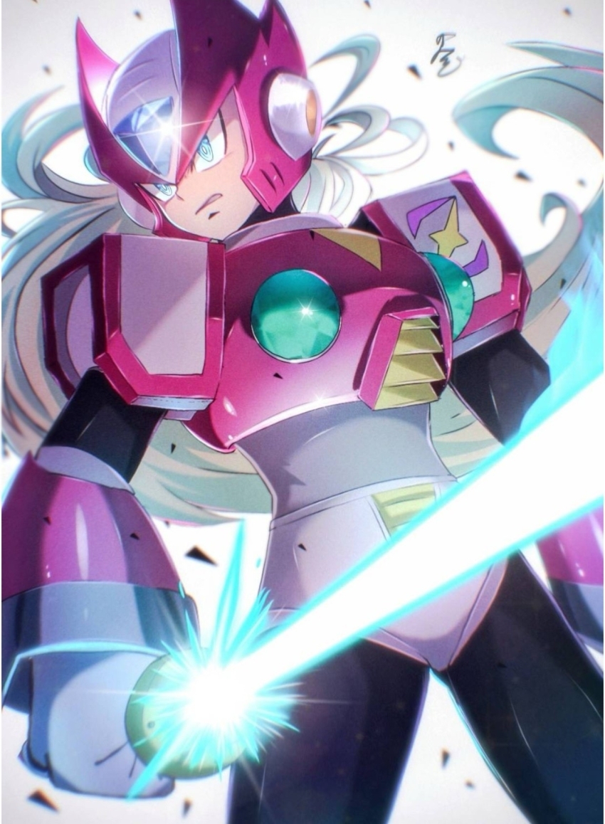 1boy armor blonde_hair cang_she chest_jewel energy_sword green_eyes helmet highres holding holding_sword holding_weapon long_hair mega_man_(series) mega_man_x_(series) red_armor red_headwear shoulder_armor solo sword upper_body weapon white_background z_saber zero_(mega_man)