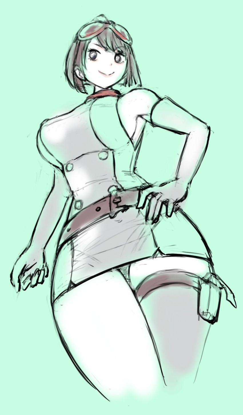 1girl belt black_eyes black_hair breasts curvy digimon digimon_story:_time_stranger dress gloves goggles goggles_on_head green_background green_dress gun gun_holster hand_on_own_hip highres mas_square matching_hair/eyes medium_breasts pencil_dress red_scarf scarf short_dress short_hair sleeveless sleeveless_dress smile thick_thighs thigh_strap thighs tight_clothes tight_dress two-tone_dress weapon white_dress white_gloves yuuki_kanan