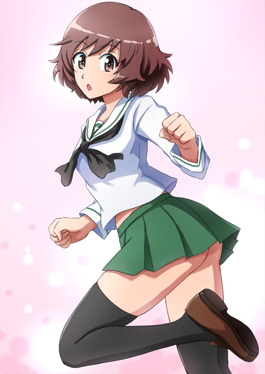 1girl akiyama_yukari black_neckerchief blouse brown_eyes brown_hair brown_shoes commentary cowboy_shot from_side girls_und_panzer green_skirt highres leg_up loafers long_sleeves looking_at_viewer messy_hair microskirt midriff_peek neckerchief omachi_(slabco) ooarai_school_uniform open_mouth pink_background pleated_skirt sailor_collar school_uniform serafuku shirt shoes short_hair skirt solo standing standing_on_one_leg white_sailor_collar white_shirt