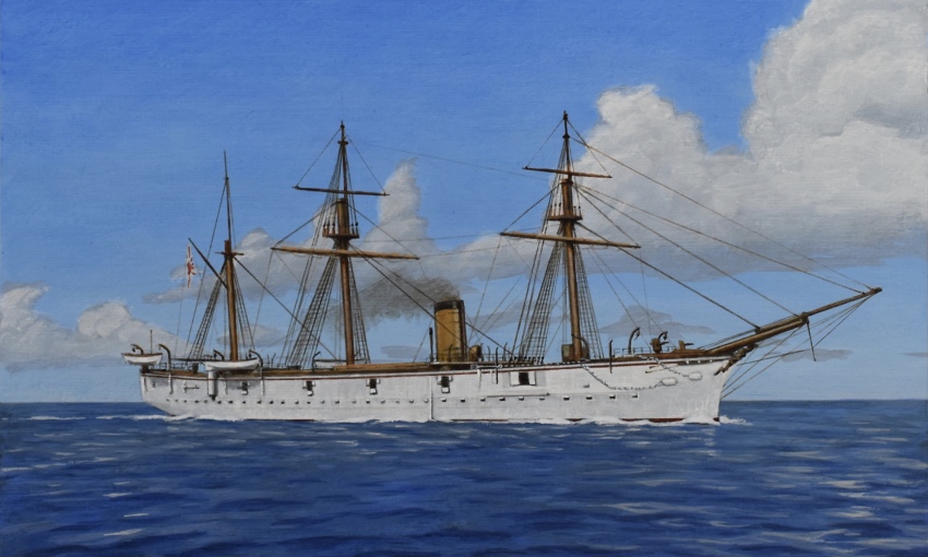 absurdres acrylic_paint_(medium) atelier_bono boat cable hiei_(ironclad) highres imperial_japanese_navy ironclad mast military_vehicle mountain no_humans ocean original painting_(medium) rising_sun_flag ship sunburst traditional_media vehicle_focus warship watercraft