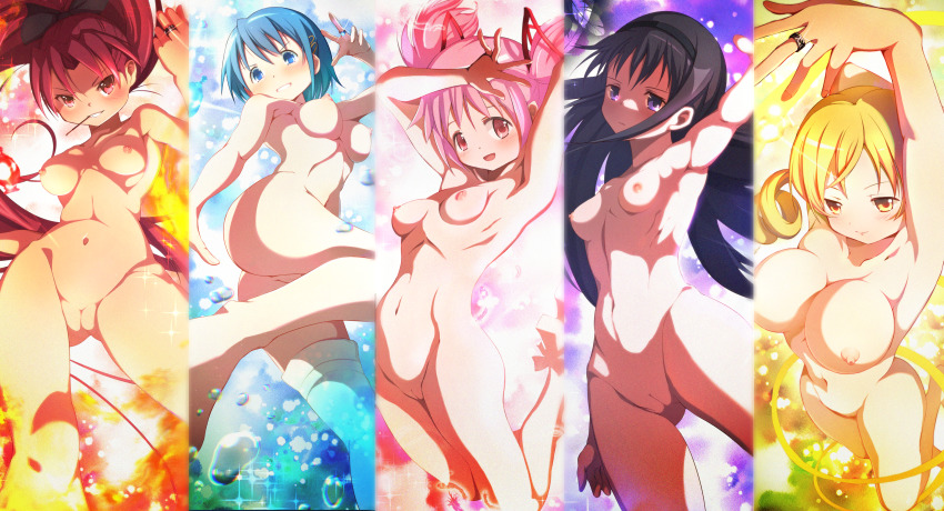 5girls absurdres akemi_homura black_hair blonde_hair blue_eyes blue_hair breasts cameltoe cleft_of_venus completely_nude dai_toro drill_hair female_pubic_hair hairband henshin highres jewelry kaname_madoka long_hair magical_girl mahou_shoujo_madoka_magica mahou_shoujo_madoka_magica_(anime) miki_sayaka multiple_girls nipples nude open_mouth pink_eyes pink_hair ponytail pubic_hair purple_eyes pussy red_eyes red_hair ring sakura_kyoko short_hair short_twintails single_thighhigh teeth thighhighs tomoe_mami twin_drills twintails uncensored yellow_eyes