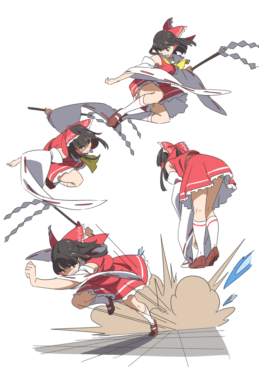 1girl ascot bent_over black_eyes black_hair bow commentary_request detached_sleeves flying_kick frilled_bow frills full_body gohei gyouza_(mhea5724) hair_bow hakurei_reimu highres holding holding_gohei kicking kneehighs long_hair motion_lines multiple_views red_bow red_shirt red_shoes ribbon-trimmed_sleeves ribbon_trim running shirt shoes simple_background sleeveless sleeveless_shirt socks touhou white_background white_sleeves white_socks yellow_ascot