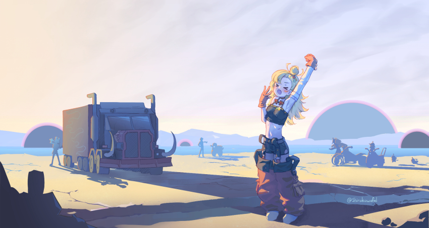 1girl 6+others armpits beach blonde_hair breasts crop_top full_body gloves highres morning motor_vehicle multiple_others navel orange_gloves piper_wheel shirakawafel shorts silhouette small_breasts solo_focus strapless truck tube_top yawning zenless_zone_zero