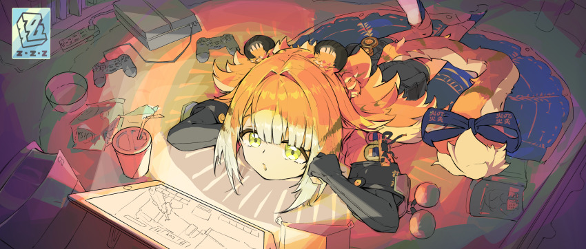 1girl absurdres animal_ear_fluff animal_ears black_shorts blonde_hair green_eyes high-waist_shorts highres jacket ju_fufu long_hair open_mouth orange_fur shirt shorts solo striped_fur tail tiger_ears tiger_girl tiger_tail yul1n812 zenless_zone_zero