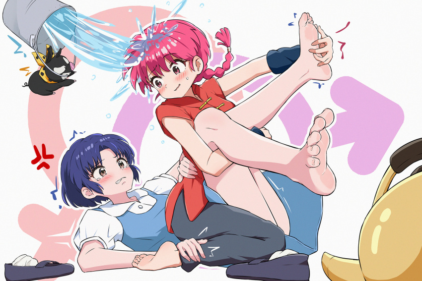 2girls anger_vein bandana barefoot black_pants blue_dress blue_hair blush braid braided_ponytail brown_eyes bucket bucket_of_water chinese_clothes clenched_teeth collared_shirt commentary_request dress fuurinkan_high_school_uniform hand_on_another&#039;s_back highres kettle leg_grab legs_up long_hair looking_at_another lying mars_symbol mary_janes multiple_girls on_back p-chan pants parted_lips pig piglet pinafore_dress pink_hair pouring_onto_another qiufengxiaose ranma-chan ranma_1/2 red_shirt school_uniform shirt shoes short_hair short_sleeves simple_background single_braid sitting sleeveless sleeveless_dress socks sweatdrop tangzhuang tearing_up teeth tendou_akane tickling tickling_feet toes unworn_shoes unworn_socks venus_symbol water white_background white_shirt white_socks yellow_bandana