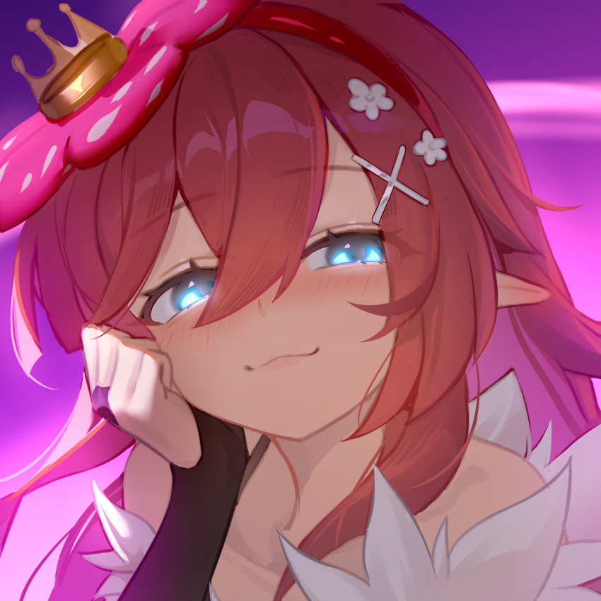 1girl blue_eyes blush closed_mouth duel_monster flower glowing glowing_eyes hair_flower hair_ornament hairband half-closed_eyes highres long_hair looking_at_viewer monster_girl pink_flower pink_hair plant_girl pointy_ears purple_background rafflesia_(flower) saw272 smile traptrix_rafflesia yu-gi-oh!