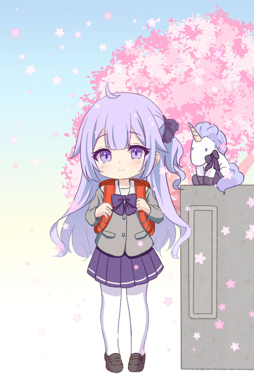 1girl azur_lane backpack bag black_shoes blazer blush bow chibi closed_mouth commentary_request day grey_jacket hands_up highres holding_strap jacket loafers long_hair long_sleeves looking_at_viewer one_side_up outdoors pantyhose petals pleated_skirt purple_bow purple_eyes purple_hair purple_skirt sailor_collar shoes skirt smile solo standing stuffed_unicorn sukireto unicorn_(azur_lane) very_long_hair white_pantyhose white_sailor_collar