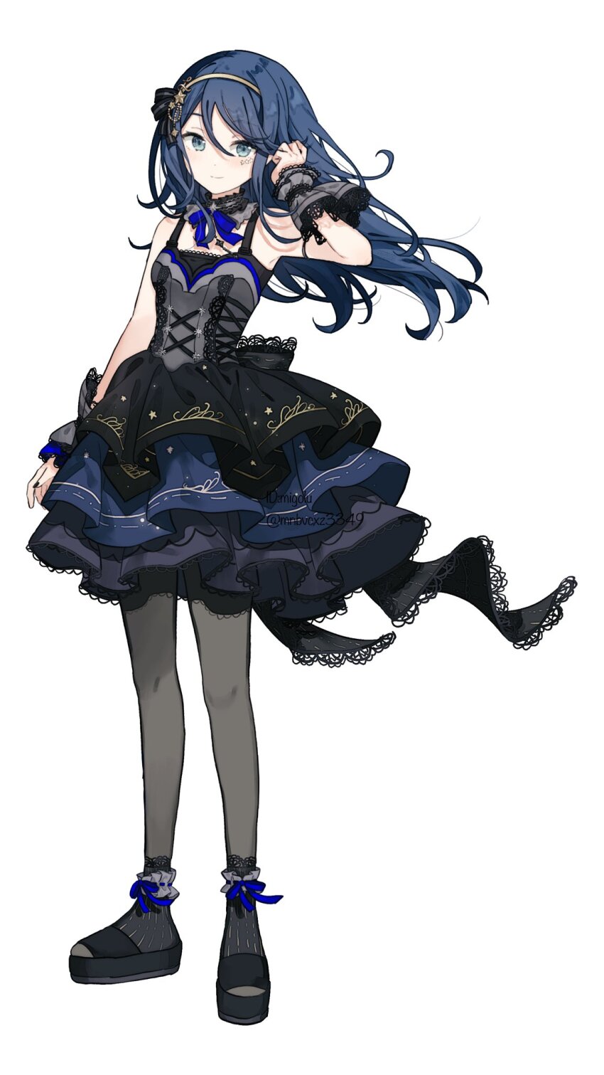1girl ankle_cuffs arm_at_side armlet back_bow black_bow black_choker black_hair black_nails black_shoes black_skirt blue_ribbon blue_skirt bow breasts choker closed_mouth corset cross-laced_clothes cross-laced_dress dot_nose dress facial_mark frilled_choker frills full_body gold_hairband grey_eyes grey_pantyhose grey_skirt grey_wrist_cuffs hair_between_eyes hair_bow hairband hand_up highres hoshino_ichika_(project_sekai) jewelry lace lace-trimmed_dress lace_trim layered_skirt long_hair looking_at_viewer mark_under_eye migolu nail_polish neck_ribbon official_alternate_costume ordinary_yet_special_us_(project_sekai) pantyhose platform_shoes project_sekai ribbon shoes sidelocks simple_background skirt small_breasts smile solo star_(symbol) star_facial_mark striped_bow tucking_hair white_background wind wrist_cuffs