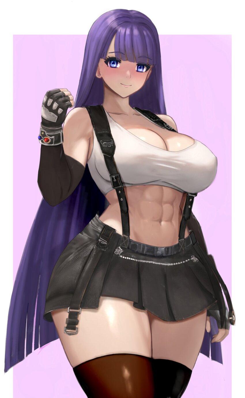 1girl abs bare_shoulders belt black_gloves black_skirt blue_eyes blush bracelet breasts brown_thighhighs cleavage collarbone cosplay elbow_gloves fate/grand_order fate_(series) final_fantasy final_fantasy_vii final_fantasy_vii_remake fingerless_gloves gloves highres jewelry large_breasts long_hair looking_at_viewer martha_(fate) materia muscular muscular_female navel purple_hair raskasar skirt smile solo suspender_skirt suspenders tank_top thick_thighs thighhighs thighs tifa_lockhart tifa_lockhart_(cosplay) white_tank_top