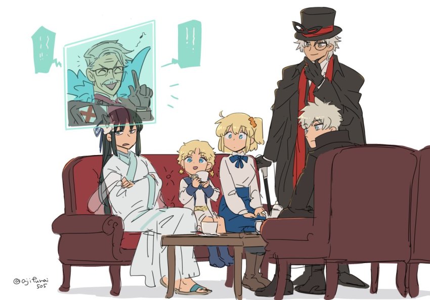 2girls 4boys :d ^_^ amakusa_shirou_(fate) amakusa_shirou_(phantom_thief)_(fate) armchair artoria_pendragon_(fate) asaya_minoru black-framed_eyewear black_footwear black_gloves black_hair black_headwear black_jacket black_legwear blonde_hair blue_bow blue_eyes blue_ribbon blue_skirt boots bow breasts brown_eyes brown_footwear cane chair character_request closed_eyes closed_mouth collared_shirt couch crossed_arms cup dark-skinned_male dark_skin eighth_note fate/stay_night fate_(series) flower fujimaru_ritsuka_(female) fujimaru_ritsuka_(female)_(anniversary_blonde) glasses gloves grey_hair hair_between_eyes hair_flower hair_ornament hair_ribbon hair_scrunchie hat high-waist_skirt holding holding_cup holographic_interface holographic_monitor index_finger_raised jacket james_moriarty_(archer)_(fate) japanese_clothes kimono long_hair long_sleeves medium_breasts multiple_boys multiple_girls musical_note old old_man on_chair on_couch one_side_up open_mouth orange_scrunchie pantyhose ponytail ribbon saber_(fate) sandals scrunchie shirt sitting skirt smile table twitter_username very_long_hair voyager_(second_ascension)_(fate) white_background white_flower white_jacket white_kimono white_shirt zouri