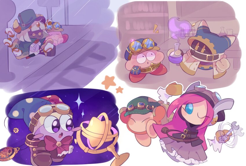 1girl absurdres blush_stickers brown_footwear colored_skin fafameow flask gloves goggles goggles_on_head hat highres holding holding_flask holding_wrench hoshi_no_kirby:_mugen_no_haguruma_o_sagase! jester_cap kirby_(series) magolor marx_(kirby) multiple_views nintendo one_eye_closed pink_hair pink_skin purple_skin rayman_limbs sparkle susie_(kirby) taranza white_hair wrench yellow_gloves