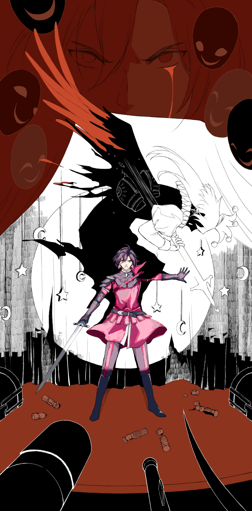 1boy absurdres armor at_gunpoint at_knifepoint belt black_armor black_belt black_cape black_footwear black_hair black_pants blood bloody_tears boots broken broken_crown cannon cape constantine_xi_(fate) crescent crown curtained_hair curtains double_exposure earrings fate/grand_order fate_(series) feathered_wings figure floating_cape full_body hair_between_eyes hat highres holding holding_sword holding_weapon jester jester_cap jester_costume jewelry knee_boots long_hair looking_at_viewer male_focus mask miyuyoko mobile multiple_views neck_ruff outstretched_arm pants red_tunic short_hair side_cape silhouette stab stage stage_curtains standing star_(symbol) straight-on suicide sword teardrop_facial_mark tunic unworn_mask weapon wings
