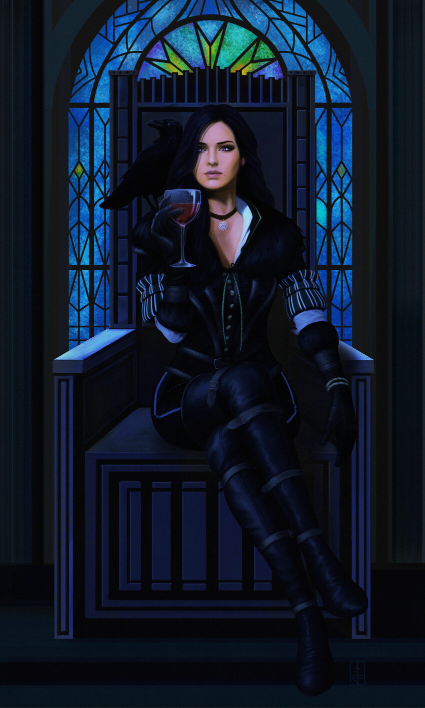 1girl absurdres alcohol alin_enache bird black_boots black_choker black_gloves black_hair black_jacket black_pants boots choker crow cup drinking_glass gloves highres holding holding_cup jacket long_hair looking_at_viewer pants pendant_choker purple_eyes red_wine sitting solo stained_glass the_witcher_(series) the_witcher_3 throne wine wine_glass yennefer_of_vengerberg