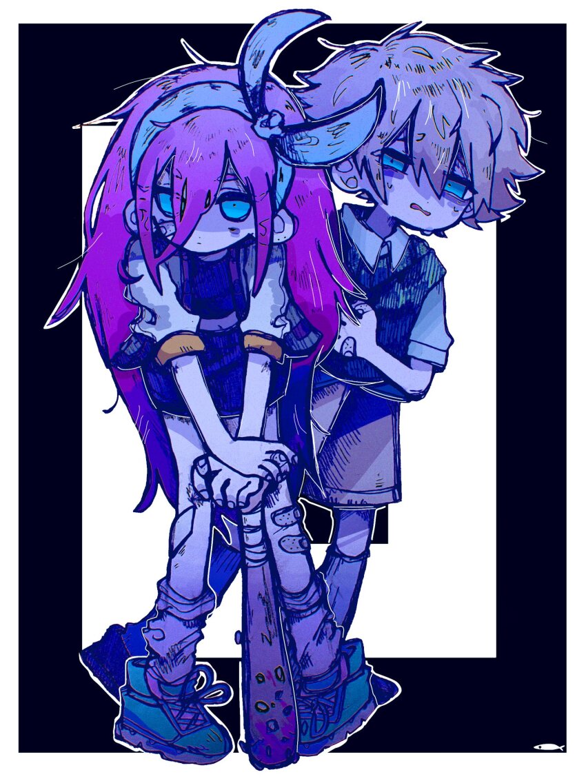 1boy 1girl aubrey_(faraway)_(omori) aubrey_(omori) bags_under_eyes bandaid bandaid_on_finger bandaid_on_hand bandaid_on_leg basil_(faraway)_(omori) basil_(omori) black_border black_shirt black_skirt black_sweater_vest blue_eyes blue_hairband border bow_hairband brown_shorts closed_mouth collared_shirt commentary dot_nose double-parted_bangs fingernails full_body green_footwear grey_hair hair_between_eyes hairband hand_on_own_chest hatching_(texture) highres jacket kneehighs kobanzame_omo long_hair looking_at_viewer miniskirt navel omori open_clothes open_jacket open_mouth outline outside_border pigeon-toed pink_hair shirt shoelaces short_hair short_sleeves shorts simple_background skirt socks standing sweat sweater_vest symbol-only_commentary v_arms white_background white_jacket white_outline white_shirt white_socks