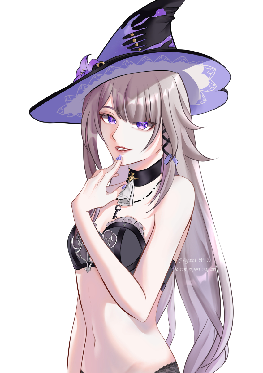 1girl absurdres adapted_costume aegyo_sal ayumi_ai_a bare_shoulders black_bra black_choker black_hat bra choker commentary grey_hair grin hat herta_(honkai:_star_rail) highres honkai:_star_rail honkai_(series) long_hair looking_at_viewer nail_polish navel purple_eyes purple_nails simple_background smile solo stomach strapless strapless_bra the_herta_(honkai:_star_rail) underwear upper_body very_long_hair white_background