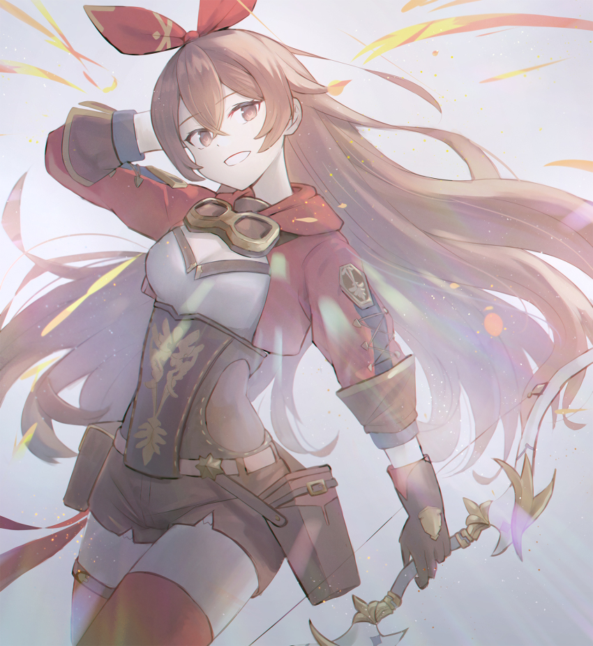 1girl amber_(genshin_impact) bow_(weapon) brown_eyes brown_gloves brown_hair brown_shirt brown_shorts cleavage_cutout clothing_cutout cowboy_shot genshin_impact gloves goggles goggles_around_neck hair_ribbon highres holding holding_bow_(weapon) holding_weapon long_hair maomuu_(pixiv_61583046) red_ribbon red_shrug ribbon shirt shorts shrug_(clothing) solo very_long_hair weapon white_shirt