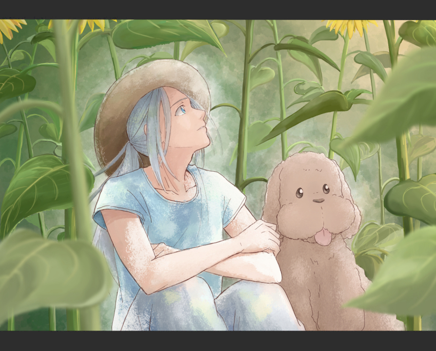 1boy aged_down blue_eyes dog flower hat looking_up makkachin male_focus parted_lips ponytail shirt silver_hair sitting sunflower t-shirt takeshi_(mononohu20) tongue tongue_out viktor_nikiforov yuri!!!_on_ice