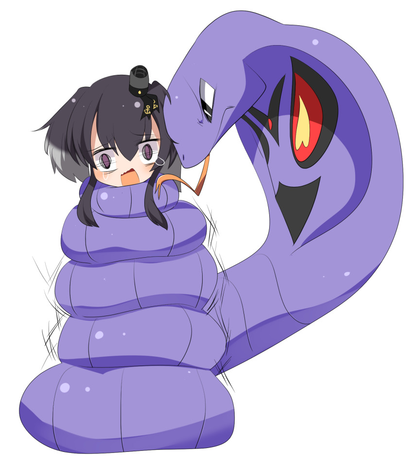 1girl anchor_print arbok black_hair blush commentary_request constriction dashed_eyes gen_1_pokemon hair_between_eyes highres kantai_collection lets0020 nintendo open_mouth pokemon pokemon_(creature) purple_eyes short_hair_with_long_locks sidelocks simple_background snake tokitsukaze_(kancolle) upper_body white_background