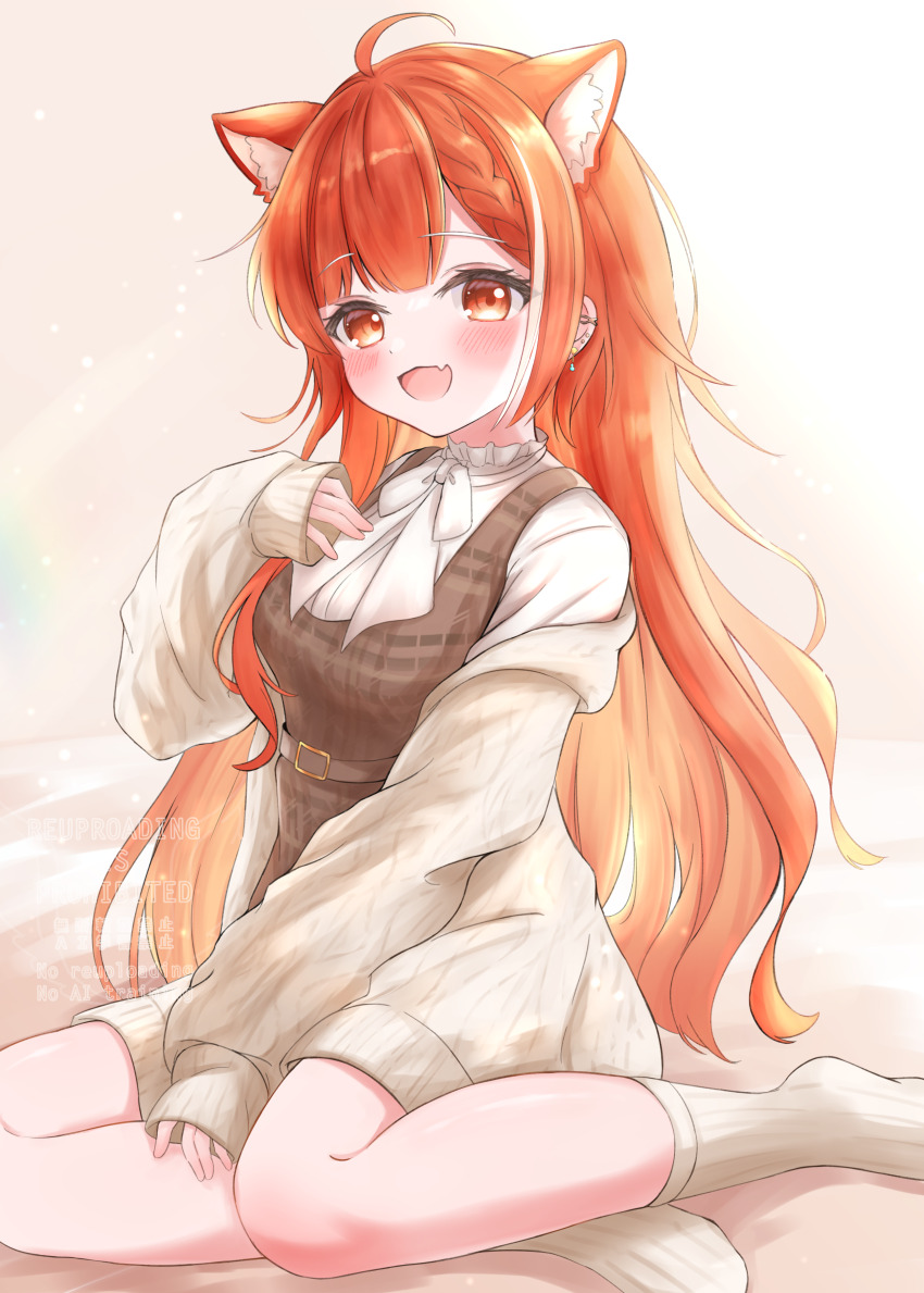 1girl absurdres ahoge animal_ear_fluff animal_ears belt blush bow braid dress ear_piercing hand_on_own_chest highres kneeling long_hair matcha_november nijisanji orange_eyes orange_hair piercing pinafore_dress ratna_petit sidelocks single_braid sleeveless sleeveless_dress socks very_long_hair virtual_youtuber