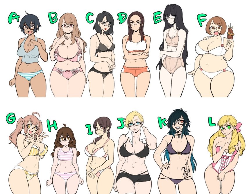 6+girls a-chan_(agawa_ryou) abs agawa_ryou ahoge b-chan_(agawa_ryou) bags_under_eyes big_belly bikini black-framed_eyewear black_bikini black_nails blonde_hair blue_hair blush bow boyshort_panties braid breasts brown_eyes brown_hair c-chan_(agawa_ryou) cleavage commentary corset crop_top crossed_arms curvy d-chan_(agawa_ryou) double_v drill_hair e-chan_(agawa_ryou) eyebrow_piercing f-chan_(agawa_ryou) face_piercing flat_color food forehead g-chan_(agawa_ryou) glasses gradient_hair green_eyes grin h-chan_(agawa_ryou) hair_between_eyes hair_bow hair_over_one_eye hand_on_own_hip i-chan_(agawa_ryou) j-chan_(agawa_ryou) k-chan_(agawa_ryou) l-chan_(agawa_ryou) large_breasts lineup lip_piercing lips lipstick makeup medium_breasts meganekko_heaven mismatched_bikini mole mole_under_eye multicolored_hair multiple_girls nail_polish navel orange_bikini original pale_skin panties piercing pink_corset pink_hair plump ponytail purple_lips red_eyes saliva semi-rimless_eyewear shish_kebab short_hair small_breasts smile sports_bra standing strap_gap striped_bikini striped_clothes striped_panties swimsuit take_your_pick tan tankini tattoo thick_eyebrows thick_thighs thighs toned towel towel_around_neck tsurime twin_braids twintails under-rim_eyewear underwear underwear_only v very_short_hair white_bikini white_panties wide_hips