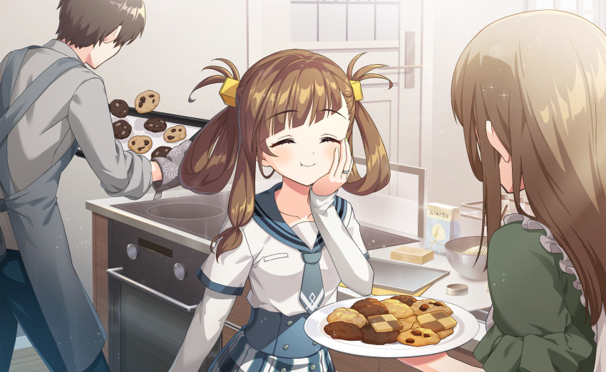 1girl apron artist_request asymmetrical_bangs awane_kokoro baking batter blue_necktie blue_pants blue_sailor_collar blue_skirt blunt_bangs bowl breast_pocket brown_hair buttons checkerboard_cookie chewing chocolate_chip chuo_academy_school_uniform collarbone cookie cowboy_shot cube_hair_ornament day door eating family father_and_daughter fingernails flour food frilled_sleeves frills game_cg green_shirt grey_shirt hair_ornament hair_rings happy high-waist_skirt highres holding holding_plate indoors jewelry kitchen layered_sleeves light_rays long_hair long_sleeves low-tied_sidelocks magia_record:_mahou_shoujo_madoka_magica_gaiden mahou_shoujo_madoka_magica mahou_shoujo_madoka_magica_magia_exedra mother_and_daughter necktie official_art pants plaid_clothes plaid_skirt plate pocket puffy_short_sleeves puffy_sleeves ring sailor_collar school_uniform shirt short_over_long_sleeves short_sleeves sidelocks single_sidelock skirt sleeves_past_wrists sparkle stove sunlight tray white_apron white_shirt white_sleeves