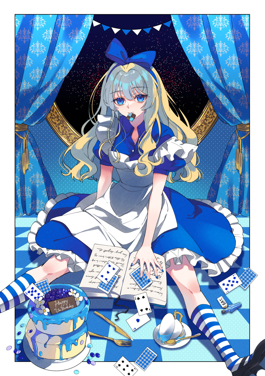 1girl absurdres ace_(playing_card) ace_of_hearts alice_(alice_in_wonderland) alice_in_wonderland apron black_shoes blonde_hair blue_dress blue_eyes blue_hairband blue_nails book bottle bow breasts cake card checkered_floor cookie cup curtains dress eat_me eight_of_diamonds_(playing_card) five_of_diamonds food fork four_of_clubs frilled_dress frills hair_bow hairband hanae_ao heart highres knife long_hair looking_at_viewer mary_janes medium_breasts mouth_hold on_floor open_book playing_card puffy_short_sleeves puffy_sleeves saucer shoes short_sleeves sitting six_of_spades socks solo string_of_flags striped_clothes striped_socks teacup teaspoon ten_of_hearts unbuttoned white_apron
