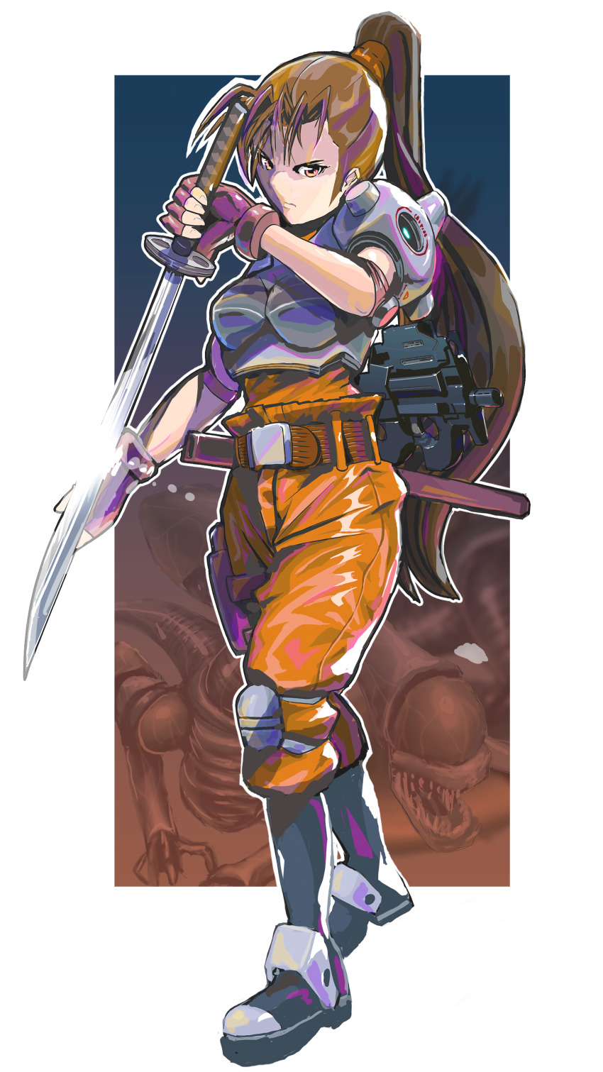 1girl absurdres alien alien_(series) alien_vs._predator angry armor belt belt_buckle body_armor boots breasts brown_hair buckle bullpup closed_mouth colonial_marine cyborg derivative_work elbow_pads fangs fingerless_gloves full_body gloves gun high_ponytail highres holding holding_sword holding_weapon katana knee_pads linn_kurosawa long_hair looking_at_viewer medium_breasts military military_uniform monster orange_pants outline p90 pants personal_defense_weapon phlogiston_drow photoshop_(medium) ponytail predator_(series) red_eyes science_fiction serious sheath simple_background solo standing submachine_gun sword very_long_hair weapon white_outline xenomorph