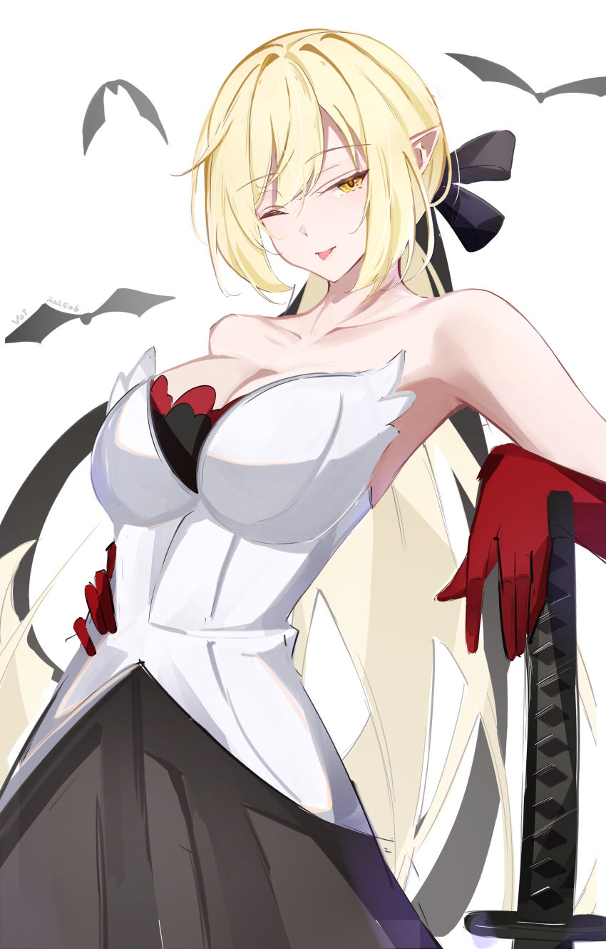 1girl ;p absurdres bare_shoulders bat_(animal) breasts cleavage commentary_request dress gloves highres holding holding_sword holding_weapon kiss-shot_acerola-orion_heart-under-blade kizumonogatari large_breasts long_hair monogatari_(series) one_eye_closed oshino_shinobu pointy_ears red_gloves simple_background solo sword tongue tongue_out very_long_hair voi_271 weapon white_background white_dress yellow_eyes