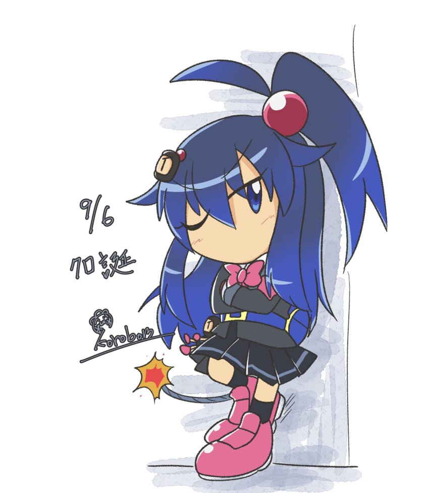 1girl against_wall artist_name beads belt black_bomberman black_jacket black_skirt black_socks blazer blue_belt blue_eyes blue_hair bombergirl bomberman bow bowtie character_doll character_hair_ornament crossed_arms dark_blue_hair dated fuse fuse_tail gradient_hair hair_beads hair_flaps hair_ornament highres jacket korobon kuro_(bombergirl) lit_fuse looking_at_viewer multicolored_hair no_mouth one_eye_closed parody pink_bow pink_bowtie pink_shoes pleated_skirt shoes simple_background skirt sneakers socks solo style_parody white_background