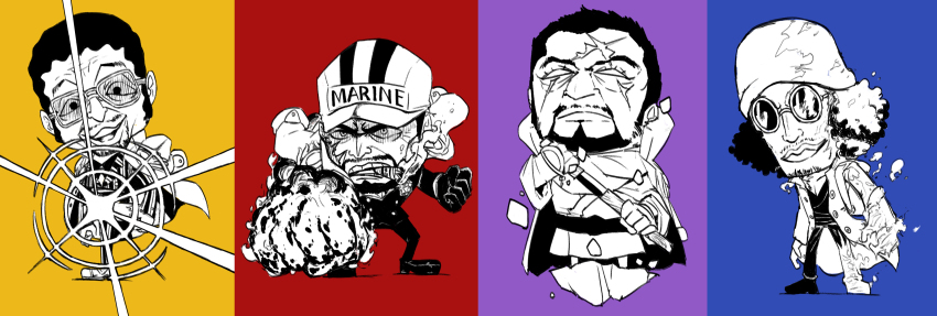 4boys absurdres aokiji_(one_piece) arm_up arms_at_sides baseball_cap beard blacknirrow blank_eyes buttons chibi clenched_hands closed_mouth clothes_writing coat coat_on_shoulders collared_shirt english_text epaulettes facial_hair forehead frost fujitora_(one_piece) full_body glasses hand_up happy hat high_collar highres holding holding_sword holding_weapon jacket japanese_clothes katana kicking kimono kizaru_(one_piece) leg_up light_rays lips long_sleeves looking_at_viewer looking_to_the_side looking_up male_focus mask mask_on_head multicolored_background multicolored_hair multiple_boys mustache necktie one_piece open_mouth outstretched_arm pants punching sakazuki_(one_piece) sash scar scar_across_eye scar_on_face shaded_face sheath shirt shoes short_hair simple_background sketch sleep_mask smile standing standing_on_one_leg striped_clothes striped_headwear striped_jacket striped_pants sword two-tone_hair unsheathing v-shaped_eyebrows vest weapon wide_sleeves