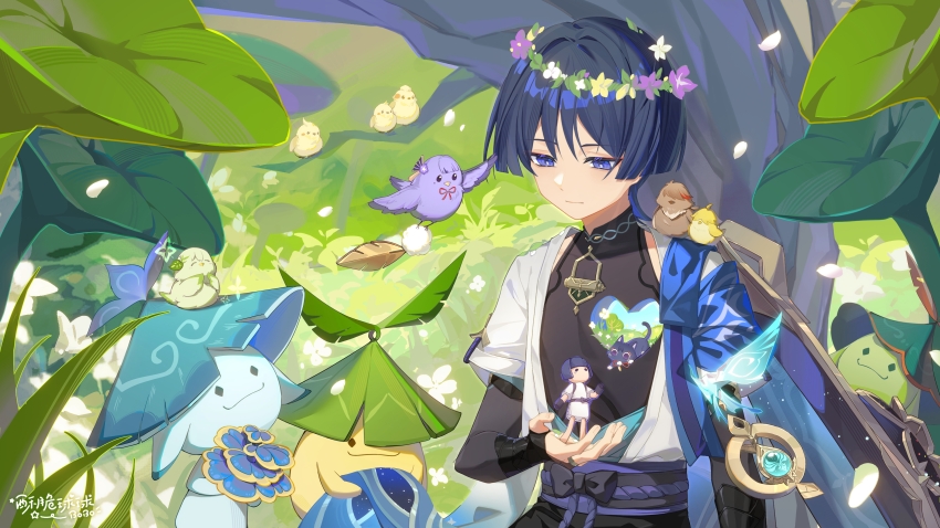 1boy absurdres anemo_symbol_(genshin_impact) animal animal_on_shoulder aranara_(genshin_impact) armor bird black_bodysuit black_bow black_bridal_gauntlets blue_cape blue_sash blunt_ends bodysuit bow bridal_gauntlets cape character_doll collar crystalfly_(genshin_impact) day doll eyeliner eyeshadow falling_leaves feathers flower flower_wreath furisode genshin_impact gold_ring han&#039;eri heart heart-shaped_hole highres holding holding_doll japanese_armor japanese_clothes kimono kote kurokote layered_kimono layered_sleeves leaf looking_down makeup male_focus mandarin_collar middle_ring on_grass open_clothes open_kimono outdoors pom_pom_(clothes) purple_cat purple_eyes purple_hair red_collar red_eyeliner red_eyeshadow rukkhashava_mushroom_(genshin_impact) sash scaramouche_(cat)_(genshin_impact) scaramouche_(genshin_impact) scaramouche_(kabukimono)_(genshin_impact) shorts sitting so_zei_tama_tama solo tassel vision_(genshin_impact) wanderer_(genshin_impact) yellow_feathers