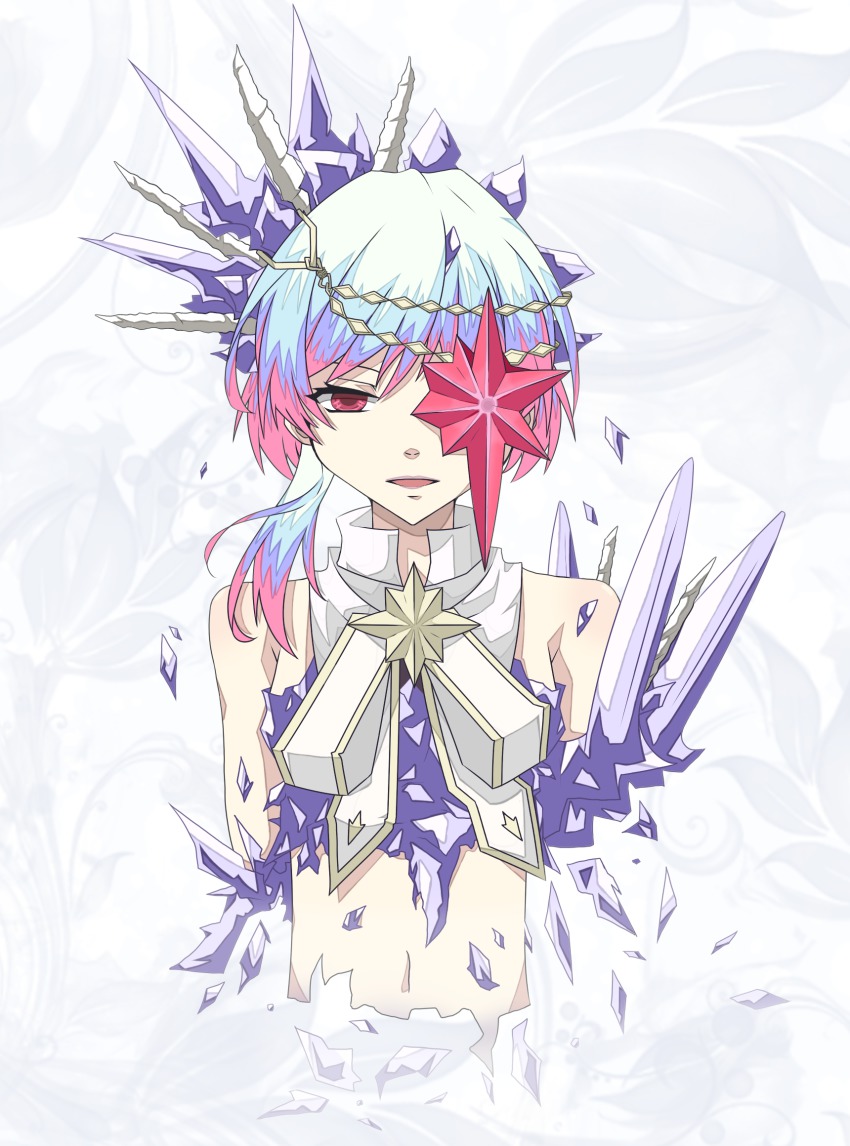 1girl aisucyoko alfa_system bad_id bad_pixiv_id blue_hair bow brooch crystal eyepatch female_focus hair_ornament hairpin highres jewelry midriff multicolored_hair navel pink_hair purple_hair razalis razalis_(tales) red_eyes ribbon short_hair sidelocks smile solo tales_of_(series) tales_of_the_world tales_of_the_world_radiant_mythology_3 white_hair