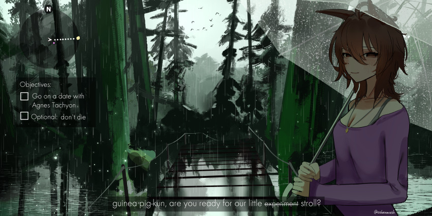 1girl absurdres agnes_tachyon_(umamusume) animal_ears ashenmash blush brown_eyes brown_hair dialogue_box forest gameplay_mechanics heads-up_display highres holding holding_umbrella horse_ears horse_girl jewelry landscape looking_at_viewer minimap nature necklace off-shoulder_sweater off_shoulder purple_sweater rain scenery sweater transparent transparent_umbrella tree umamusume umbrella user_interface