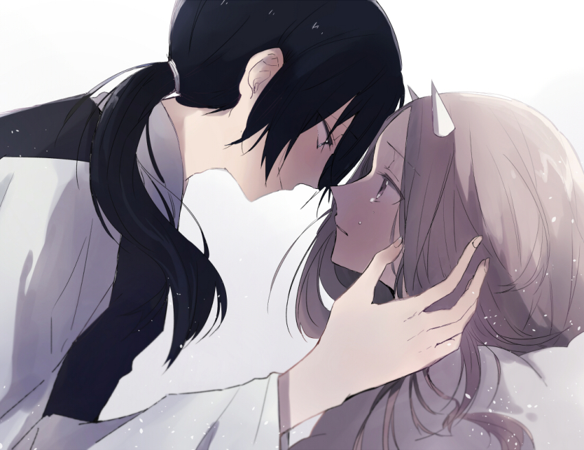 1boy 1girl black_hair brown_hair closed_mouth commentary_request eye_contact from_side hetero horns long_hair long_sleeves looking_at_another original parted_lips ponytail profile simple_background white_background white_horns yukimori_nene