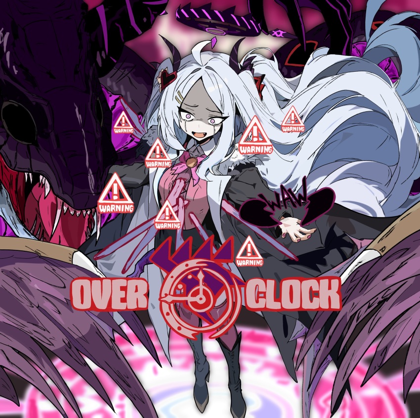 1girl 218_(niiya) :d ahoge alternate_costume alternate_hairstyle blue_archive broken_heart commentary_request cosplay demon_girl demon_horns demon_wings e.g.o_(project_moon) english_text gameplay_mechanics gehenna_academy_logo hair_ornament hairclip halo heart heart_hair_ornament highres hina_(blue_archive) horns in_the_name_of_love_and_hate_(e.g.o) limbus_company lobotomy_corporation long_hair long_sleeves looking_at_viewer magic_circle monster open_mouth parted_bangs project_moon purple_eyes queen_of_hatred queen_of_hatred_(cosplay) sidelocks smile solo standing tearing_up tears two_side_up white_hair wings