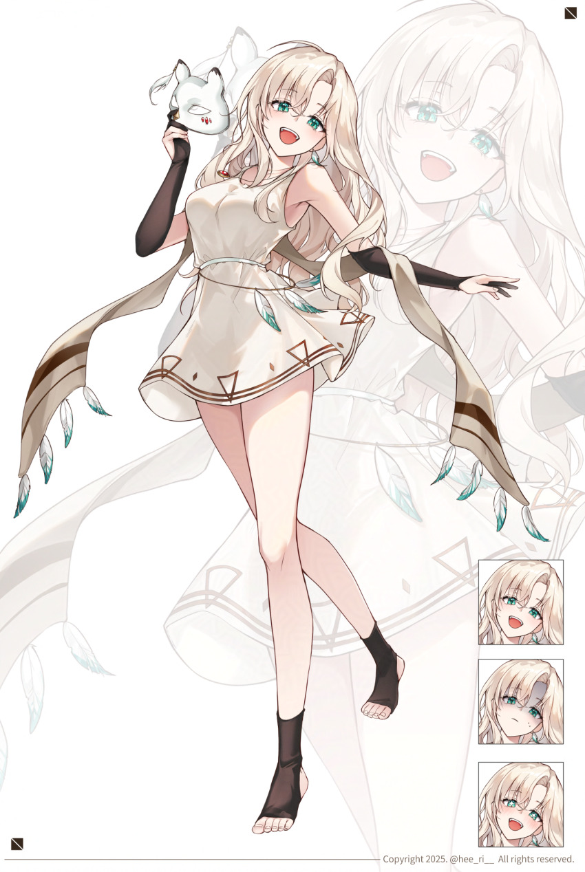 1girl aqua_eyes artist_name bare_shoulders black_gloves blonde_hair blush closed_mouth commentary copyright_notice dress earrings elbow_gloves feathers full_body gloves hair_between_eyes heeri highres holding holding_mask jewelry long_hair looking_at_viewer mask multiple_views no_shoes open_mouth original partially_fingerless_gloves portrait simple_background sleeveless sleeveless_dress solo star-shaped_pupils star_(symbol) symbol-shaped_pupils white_background white_dress white_mask