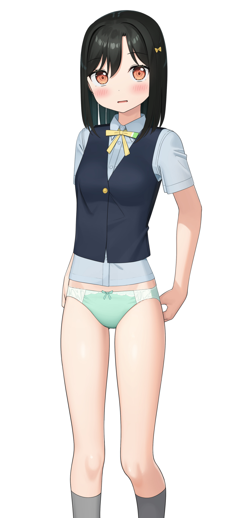 1girl absurdres apollo_(hu_maple) black_socks black_vest blush bow bow_panties collared_shirt commentary_request green_panties hair_ornament highres looking_at_viewer love_live! love_live!_nijigasaki_high_school_idol_club mifune_shioriko no_pants paid_reward_available panties red_eyes ribbon ribbon_hair shirt socks thighs underwear vest white_background white_shirt yellow_ribbon