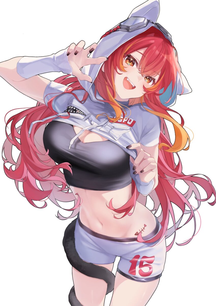 1girl animal_hood arm_up arm_warmers black_nails black_shirt blush border breasts cat_hood cat_tail character_name claw_pose cleavage clothes_lift commentary_request cowboy_shot crop_top cropped_jacket crossed_bangs fang fish_skeleton hashtag head_tilt highres hood hooded_jacket jacket jacket_lift large_breasts long_hair looking_at_viewer multicolored_hair nail_polish navel nekota_tsuna number_print official_alternate_costume open_mouth orange_eyes orange_hair print_shorts red_hair shirt shorts simple_background smile solo stomach tail tail_around_own_leg tattoo teeth tongue two-tone_hair upper_teeth_only val_yoduki virtual_youtuber vspo! white_background white_jacket white_shorts zipper