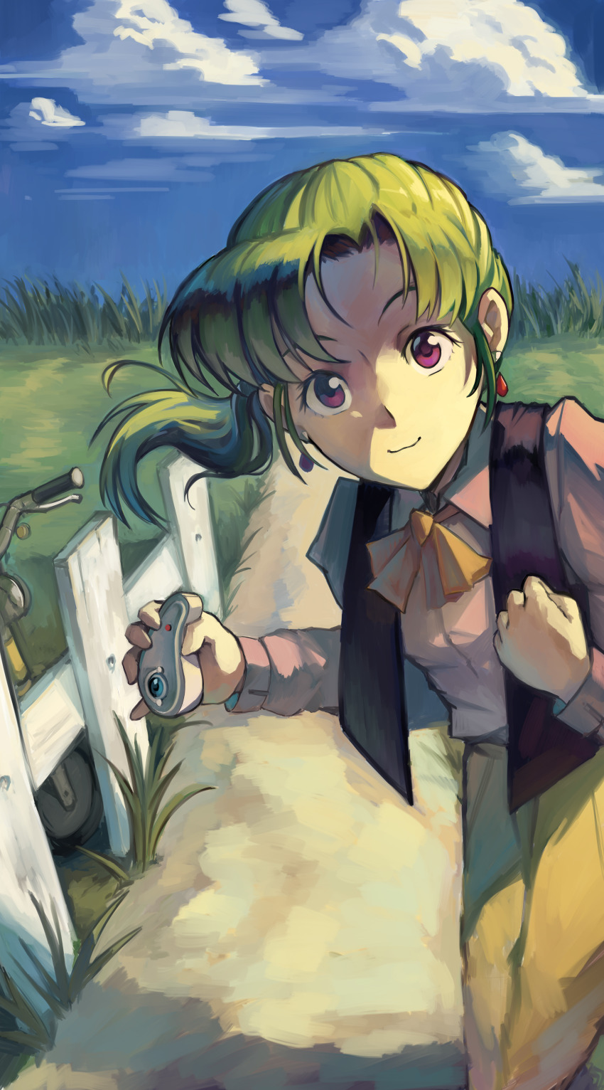 1girl absurdres blue_sky camera clenched_hand closed_mouth cloud cloudy_sky day earrings faux_traditional_media fence grass green_hair hand_on_own_chest hatsuseno_alpha highres holding holding_camera jewelry kornod leaning_forward light_smile long_sleeves looking_at_viewer medium_hair motor_vehicle neck_ribbon open_clothes open_vest outdoors pants path ponytail purple_eyes ribbon road scooter shirt sky solo standing vespa vest yellow_pants yellow_ribbon yokohama_kaidashi_kikou