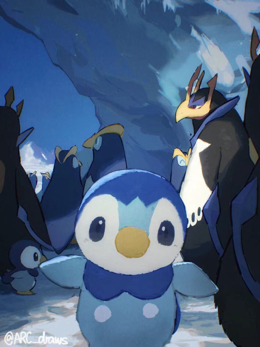 6+others arc_draws beak bird blue_sky empoleon evolutionary_line gen_4_pokemon highres ice looking_at_viewer multiple_others nintendo no_humans outstretched_arms penguin photo-referenced piplup pokemon pokemon_(creature) prinplup shade sky twitter_username wings