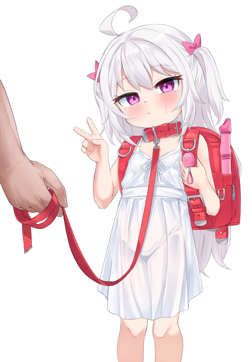1girl ahoge animal_collar artist_request backpack bag bow collar commission dress feet_out_of_frame hair_bow highres holding holding_leash leash loli long_hair looking_at_viewer original pink_bow purple_eyes randoseru second-party_source simple_background sleeveless sleeveless_dress solo_focus v white_background white_dress white_hair