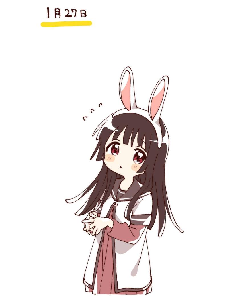1girl animal_ear_hairband animal_ears blunt_bangs blunt_ends blush_stickers brown_hair brown_sailor_collar cropped_torso dress fake_animal_ears flying_sweatdrops hairband hashtag-only_commentary highres layered_sleeves long_hair long_sleeves looking_at_viewer matsumoto_rise namori nanamori_school_uniform own_hands_together parted_lips rabbit_ear_hairband rabbit_ears red_dress red_eyes sailor_collar school_uniform shirt short_over_long_sleeves short_sleeves simple_background solo white_background white_hairband white_shirt yuru_yuri
