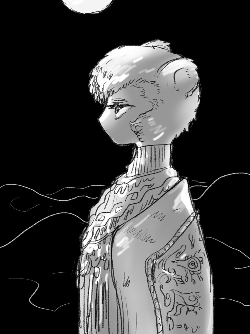 1boy black_background camel_boy camel_ears closed_mouth desert greyscale highres looking_to_the_side male_focus monochrome moon original shima_(wansyon144) short_hair solo turtleneck upper_body very_short_hair