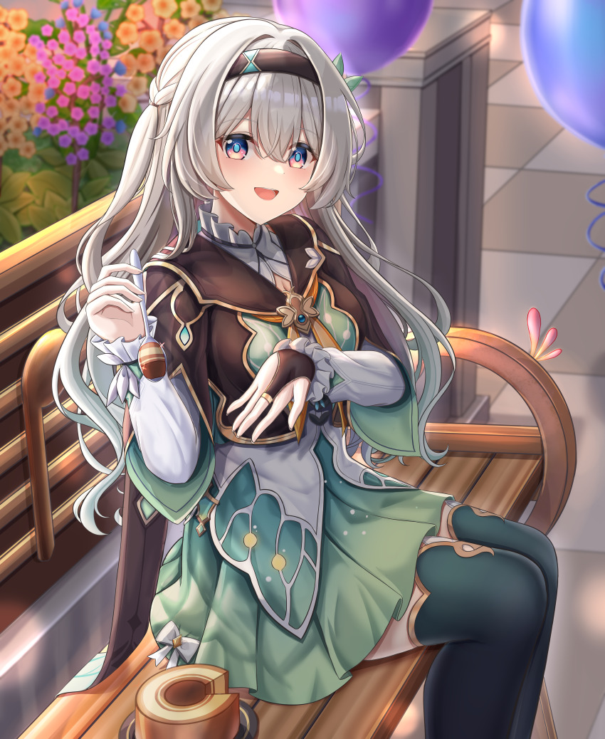 1girl :d absurdres balloon black_gloves black_hairband breasts cake collared_shirt cropped_jacket firefly_(honkai:_star_rail) food frilled_sleeves frills gloves green_thighhighs grey_hair hair_between_eyes hairband highres honkai:_star_rail honkai_(series) ke-zu long_hair long_sleeves looking_at_viewer medium_breasts multicolored_eyes neckerchief open_mouth orange_neckerchief outdoors partially_fingerless_gloves shirt sitting smile thighhighs two-tone_eyes