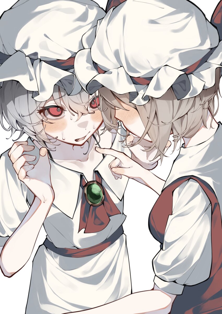 2girls blonde_hair blush cowboy_shot flandre_scarlet grey_hair hat highres incest mob_cap multiple_girls potato_(comicomi0211) red_eyes red_shirt remilia_scarlet shirt short_hair siblings simple_background sisters touhou white_background white_hat white_shirt yuri
