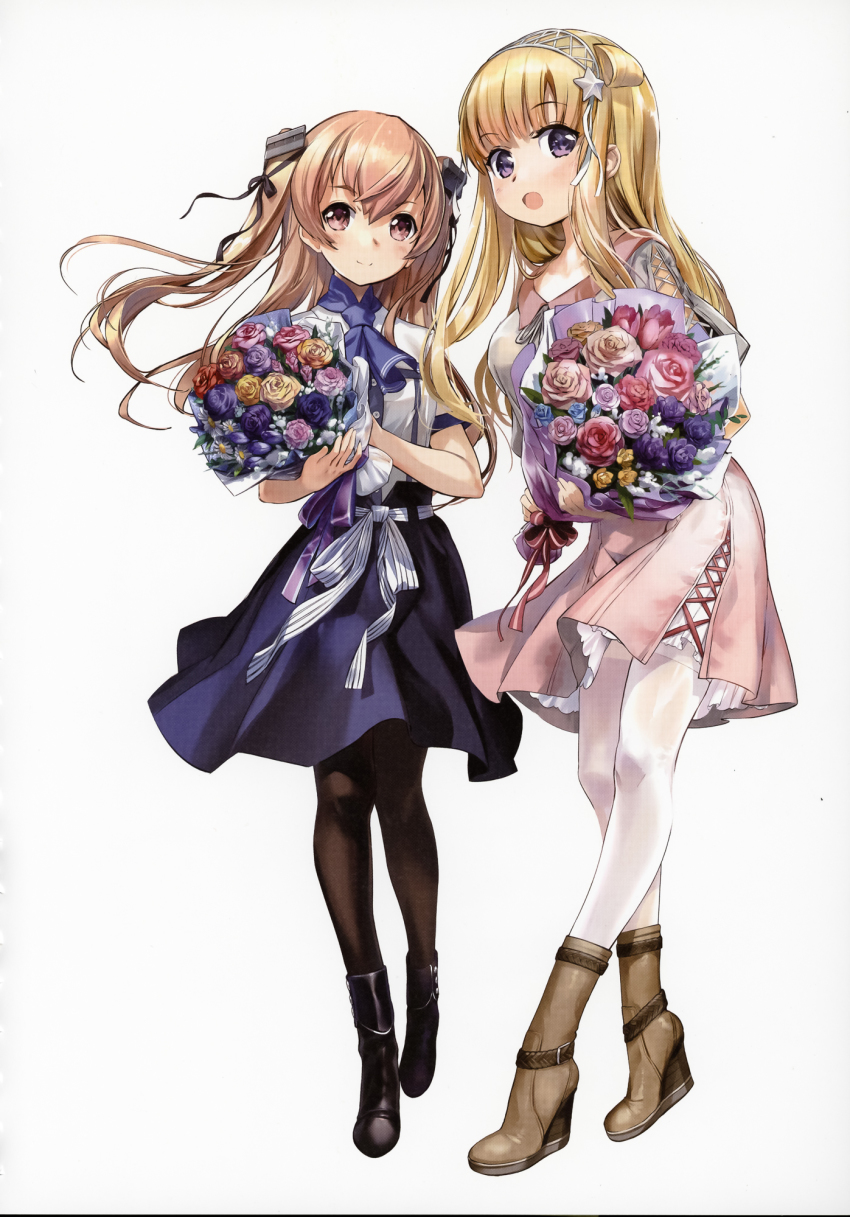 2girls black_ribbon blonde_hair blush bouquet breasts brown_eyes closed_mouth double_bun fletcher_(kancolle) flower hair_bun hair_ornament hair_ribbon hairband highres holding holding_bouquet johnston_(anniversary)_(kancolle) johnston_(kancolle) kantai_collection large_breasts light_brown_hair long_hair looking_at_viewer medium_breasts multiple_girls neckerchief official_art open_mouth purple_eyes ribbon scan scan_artifacts shirt short_sleeves simple_background skirt smile star_(symbol) star_hair_ornament two_side_up white_background white_legwear white_ribbon zeco