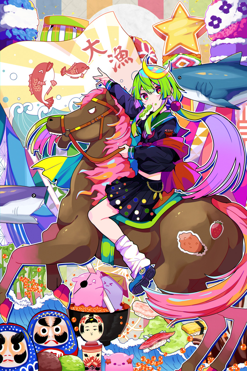 1girl absurdres arm_up black_serafuku black_shirt black_skirt blue_eyes blue_hair blue_sailor_collar blue_shoes bowl chain commentary crescent crescent_hair_ornament daruma_doll english_commentary fish flag food food_in_mouth food_on_face full_body gold_chain green_hair green_sailor_collar hair_between_eyes hair_ornament highres holding holding_reins horse horseback_riding kokeshi leg_warmers long_hair long_sleeves looking_at_viewer miniskirt mouth_hold multicolored_eyes multicolored_hair neckerchief orange_eyes original pink_eyes pink_hair pleated_skirt purple_hair red_neckerchief reins riding roe sailor_collar school_uniform serafuku shark shirt shoes sidelocks skirt sleeves_past_wrists solo ssm_a_u star_(symbol) sticker strawberry_sticker translation_request umbrella_octopus very_long_hair waves white_leg_warmers